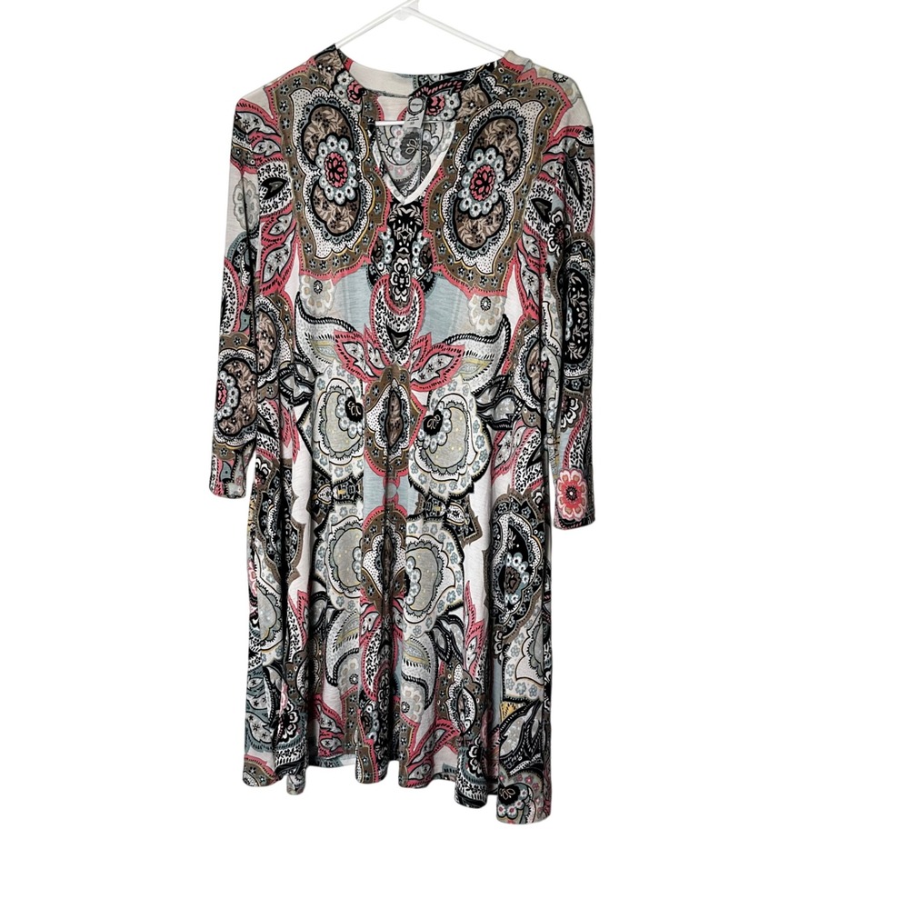 Honeyme Womens Pink Teal Paisley Long Sleeve V-Neck Tunic Dress Medium Boho